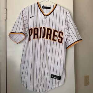 Nike White Padres Pinstripe Baseball Jersey with Brown and Gold Trim